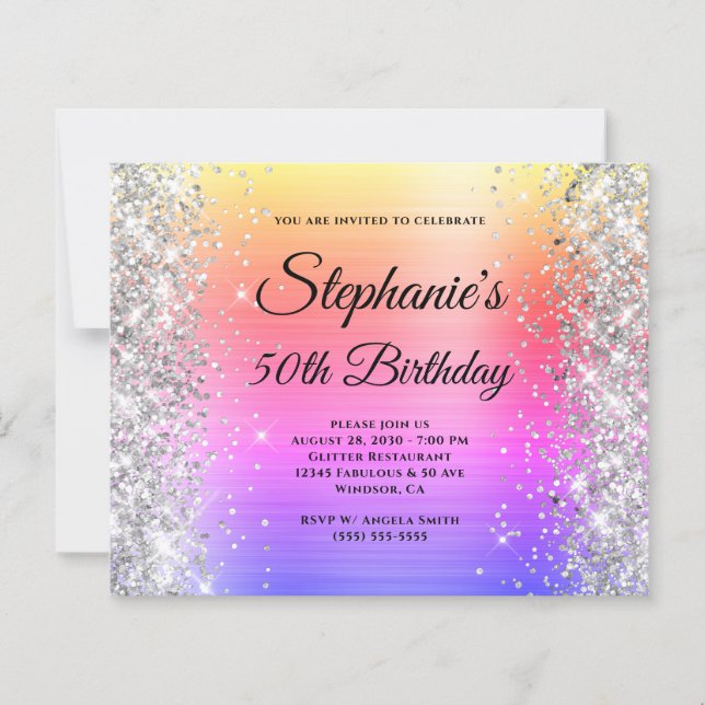 Silberne Glitter-Regenbogenfolie-Monogramm 50. Geb (Vorderseite)