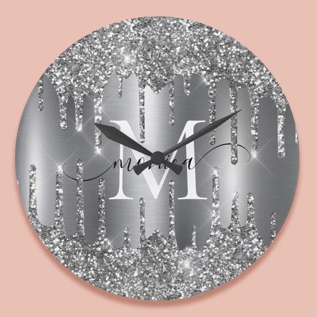 Silberne Glitter-Tropfen Monogramm Personalisiert Große Wanduhr (Silver Glitter Drips Monogram Personalized Large Clock)