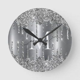 Silberne Glitter-Tropfen-Monogramm-Personalisierte Runde Wanduhr