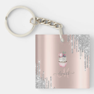 Silberne Glitter-Tropfen Rose Gold Monogramm Cupca Schlüsselanhänger