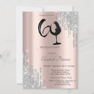 Silberne Glitter-Tropfen Weinglas Roségold 60. Einladung