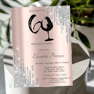Silberne Glitter-Tropfen Weinglas Roségold 60.  Einladung