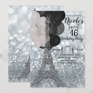 Silberne Glitterballons Eiffelturm Sweet 16 Chic Einladung