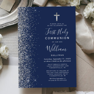 Silberne Glitterkante Navy Blau Erste Heilige Komm Einladung