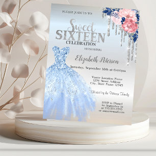 Silberne Glittertropfen, Blaue Kleid Blumen Sweet Einladung