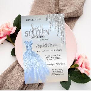 Silberne Glittertropfen, Blaues Kleid Silber Sweet Einladung
