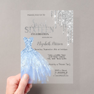 Silberne Glittertropfen,blaues Kleid Sweet 16 Acryleinladungen