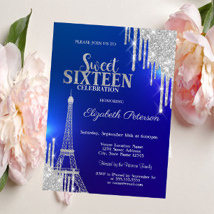 Silberne Glittertropfen, Eiffelturm Blau Sweet 16 Einladung