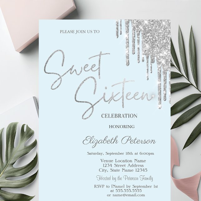 Silberne Glittertropfen Hellblau Einfach Sweet 16  Einladung (Von Creator hochgeladen)