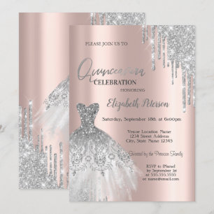 Silberne Glittertropfen, Kleid Roségold Quinceañer Einladung