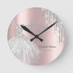 Silberne Glittertropfen, Kleid Roségold Sweet 16 Runde Wanduhr