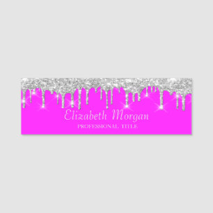 Silberne Glittertropfen, Rosa fluoreszierendes Neo Namensschild