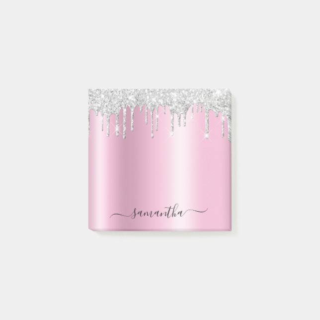 Silberne Glittertropfen rosa Schimmer Post-it Klebezettel (Vorderseite)