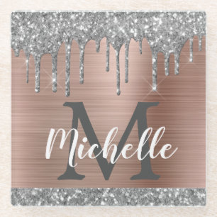 Silberne Glittertropfen Rosen-Gold-Name-Monogramm Glasuntersetzer