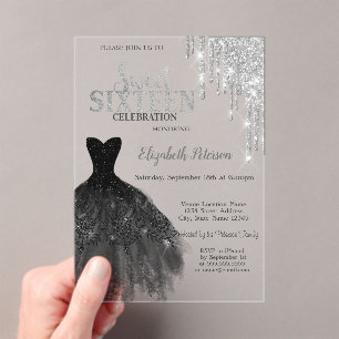 Silberne Glittertropfen, schwarzes Kleid Sweet 16 Acryleinladungen