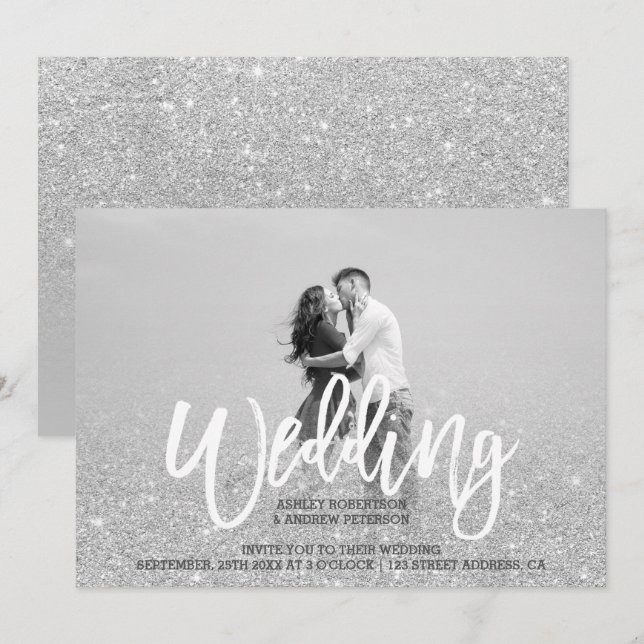 Silberne Glitzer, grau-schicke Foto Hochzeit Einladung (Vorne/Hinten)