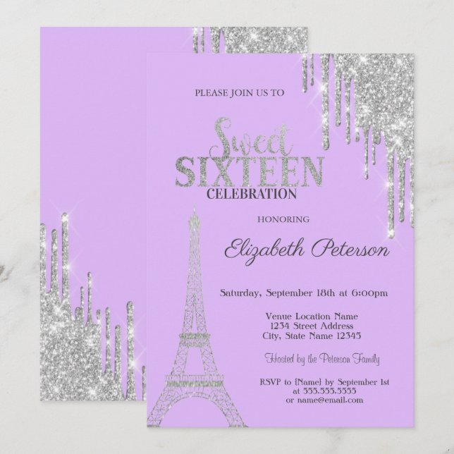 Silberne Glitzer Tropfen, Eiffelturm Sweet 16 Einladung (Vorne/Hinten)