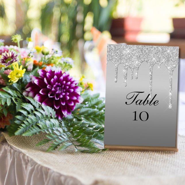 Silberne Glitzer Tropfen Hochzeitskarten Tischnumm Einladung (Silver Dripping Glitter Elegant Wedding Table number Cards)