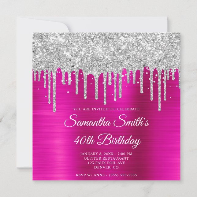 Silberne Glitzer Tropfen Hot Pink Foil 40. Geburts Einladung (Vorderseite)