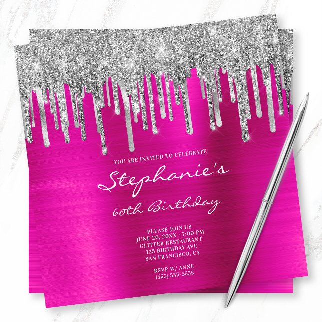 Silberne Glitzer Tropfen Hot Pink Foil 60. Geburts Einladung (Von Creator hochgeladen)