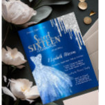 Silberne Glitzer-Tropfen, metallisches blaues Klei Einladung<br><div class="desc">Elegantes blaues Kleid und silberne Glitzer-Tropfen auf metallisch blauem Hintergrund.</div>