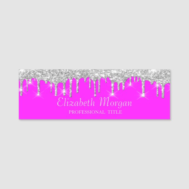Silberne Glitzer Tropfen, rosa LeuchtstoffNeon Namensschild (Vorderseite)
