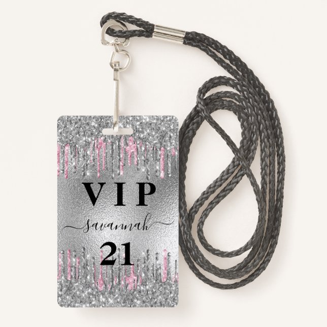 Silberne Glitzer Tropfen Rosa Vip Einladung Ausweis (Vorderseite mit Schlüsselband)