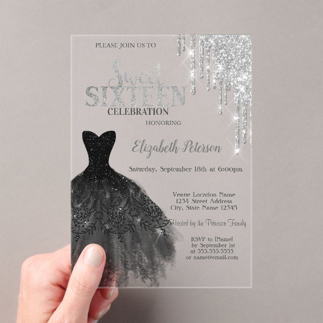 Silberne Glitzer Tropfen, Schwarze Dres Sweet 16 Acryleinladungen (Insitu (Handheld))