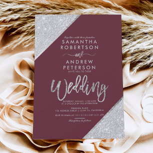 Silberne Glitzer-Typografie-Bordeaux-Hochzeit Einladung