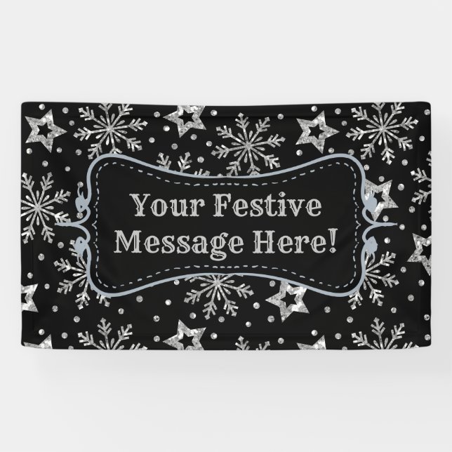 Silberne Glitzer und Schneeflocken Banner (Horizontal)