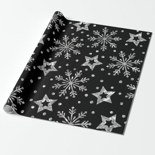 Silberne Glitzer und Schneeflocken Geschenkpapier (Ungerollt)