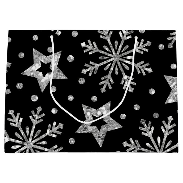 Silberne Glitzer und Schneeflocken Große Geschenktüte (Vorderseite)