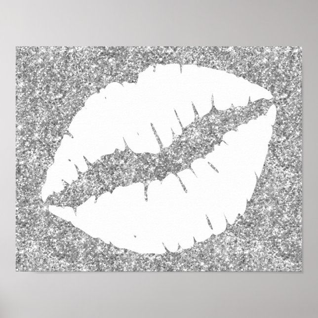 Silberne Glitzer und weiße Lipstick Lippen Poster (Vorne)