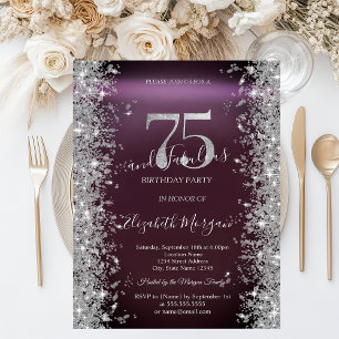 Silberne Glitzerdiamanten Bordeaux 75. Geburtstag Einladung
