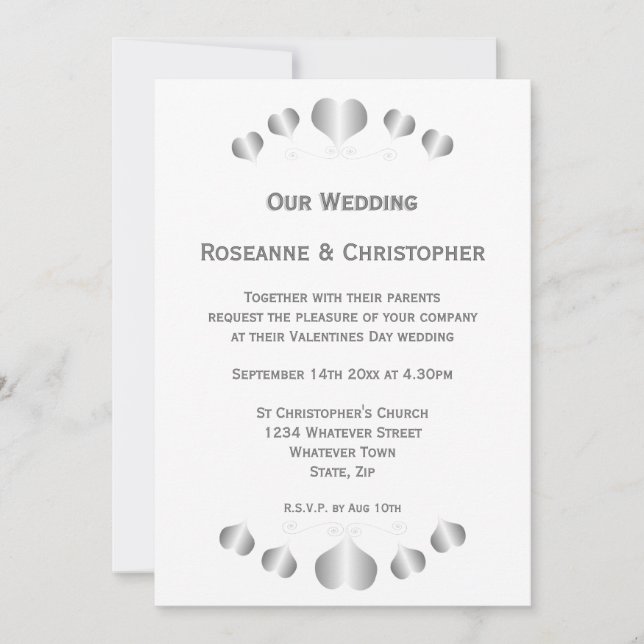 Silberne Herz Hochzeit Design Einladung (Vorderseite)