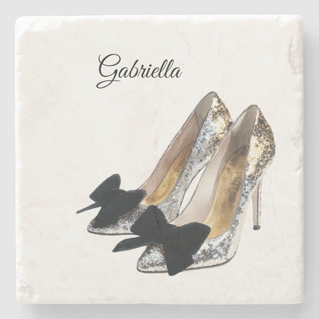 Silberne High Heels mit schwarzer Schleife Steinuntersetzer (Vorderseite)