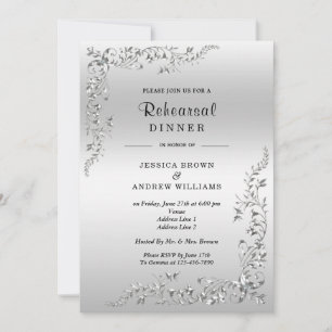 Silberne Hochzeitsprobe-Abendessen-Dekoration Einladung