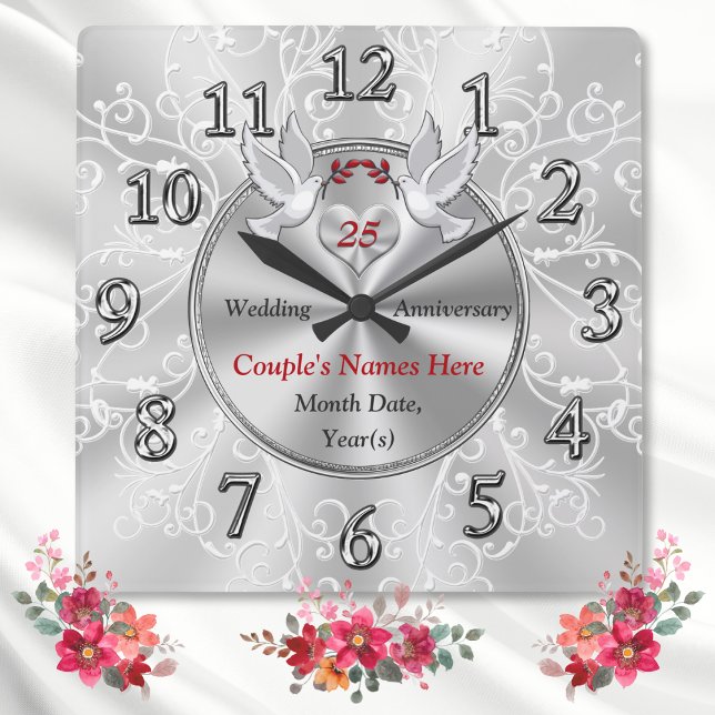Silberne Hochzeitstipendien, Geschenkideen, Jubilä Quadratische Wanduhr (25th Wedding Anniversary Gift Ideas. Silver anniversary gifts for parents. 25th anniversary gifts.)