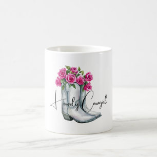 Silberne Howdy Cowgirl Stiefel Rosa Blumen   Kaffeetasse