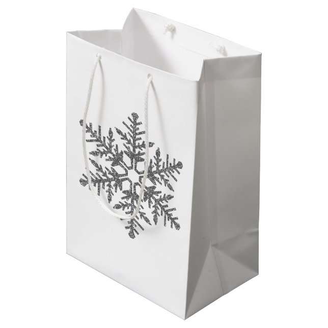 Silberne Imitat-Glitzer-Schneeflocke Mittlere Geschenktüte (Vorderseite Schrägansicht)