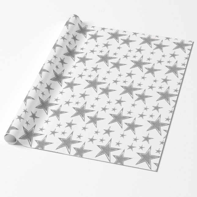 Silberne Imitat-Glitzer-Sterne Geschenkpapier (Ungerollt)