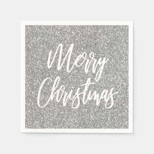 Silberne Imitate Glitzer Frohe Weihnachtskalligrap Serviette (Vorderseite)