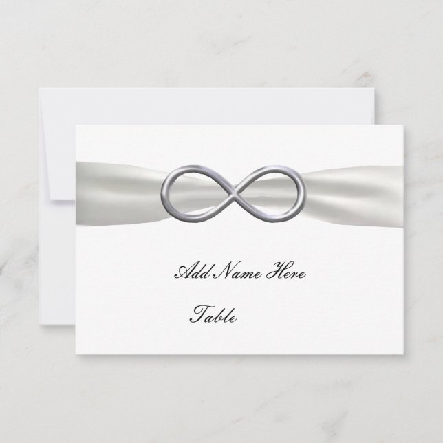 Silberne Infinity Weiße Hochzeitstisch Platzkarte (Vorderseite)