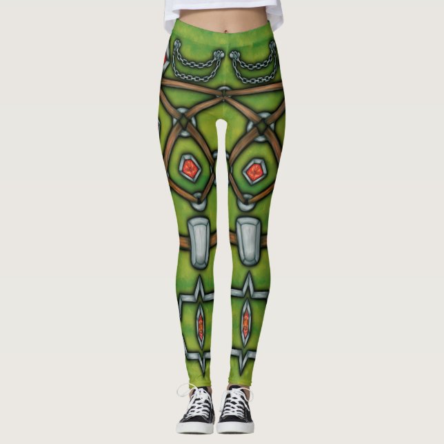 Silberne Kette und Rubine, Grün und Brown-Leggings Leggings (Vorderseite)