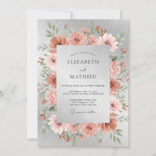 Silberne Korallen-Ranunculus-Eukalyptus-Hochzeit Einladung