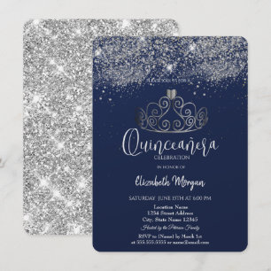 Silberne Kronenglitterkonfetti  Blaue Quinceañera  Einladung