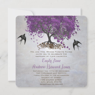 Silberne Lichter Lila Herzblatt-Baum-Hochzeit Einladung