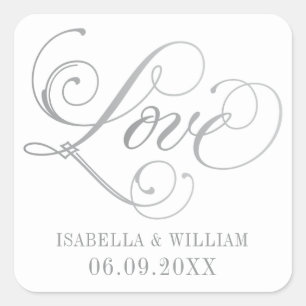 Silberne Liebesschrift Elegante Monogramm-Hochzeit Quadratischer Aufkleber