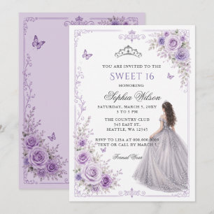 Silberne Lila Blumenprinzessin Sweet 16 Einladung