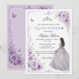 Silberne Lila Florale Prinzessin Quinceañera Einladung